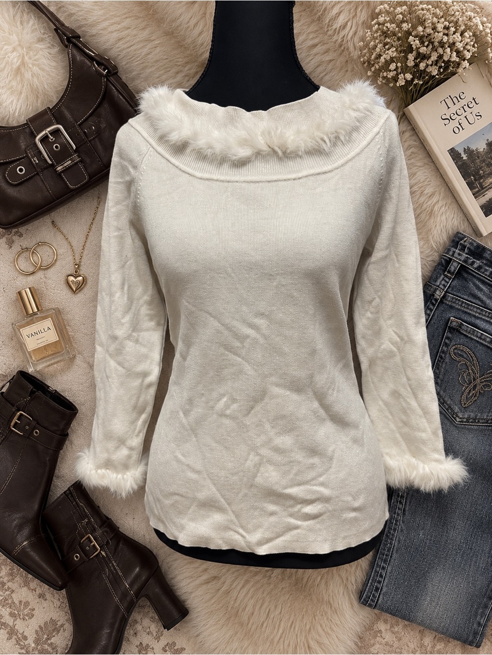 Y2K Sweaterworks Cream Fur Trim Sweater Women’s L Silk Blend 2000s Coquette